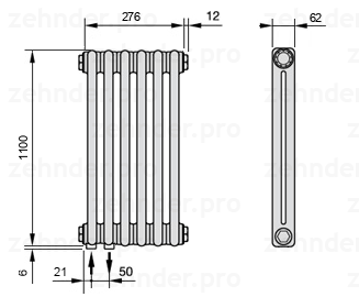 Схема (чертеж) Радиатор Zehnder Charleston 2110/6 №3370 Белый глянцевый RAL 9016